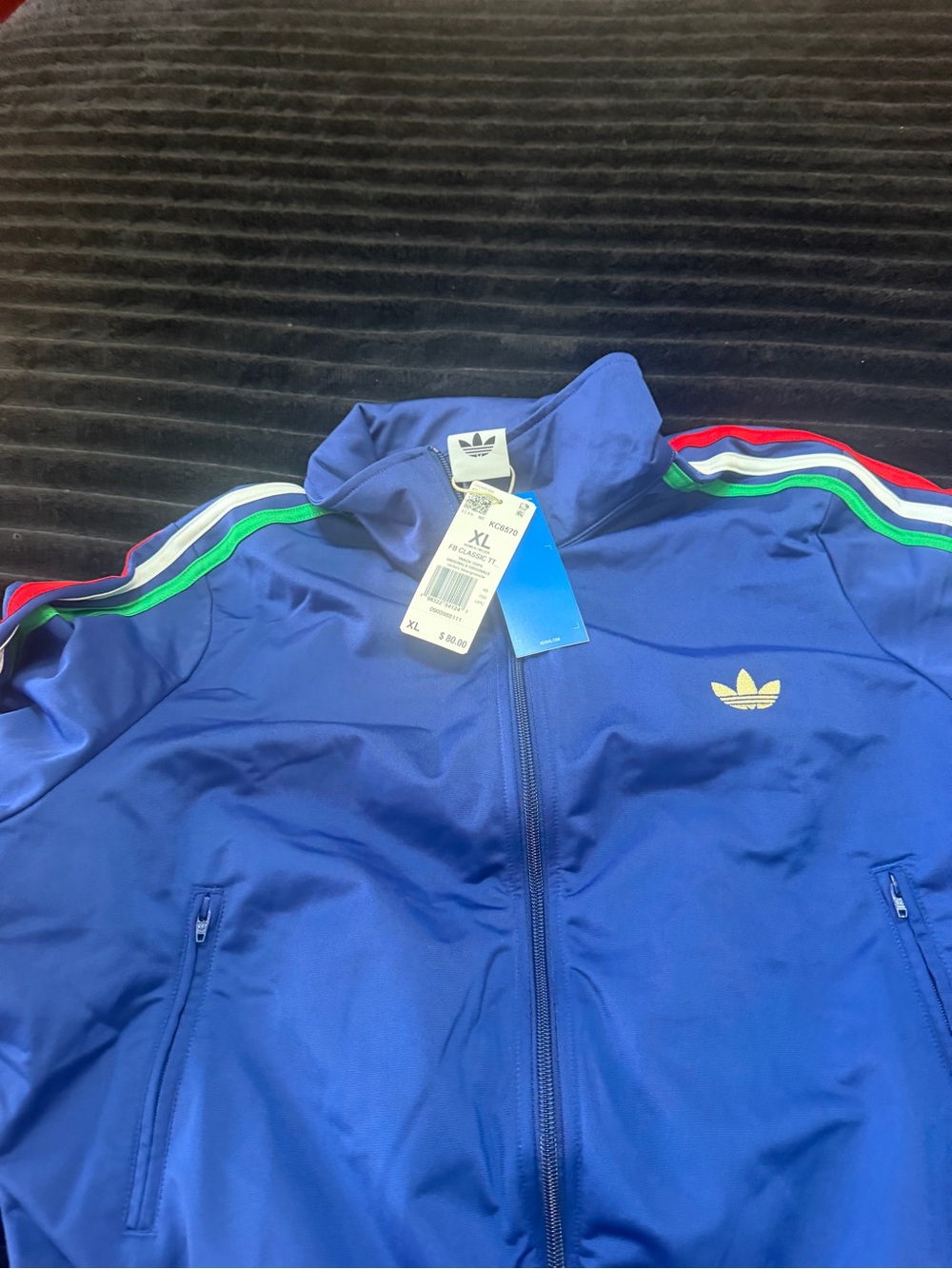 adidas Blue Track Jacket with Red, Green & White Shoulder Stripes